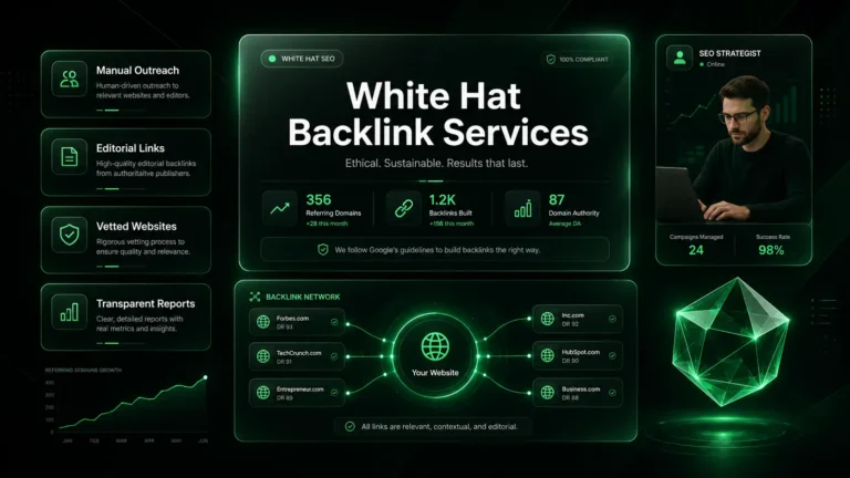 White hat backlink services dashboard for scalable SEO growth.