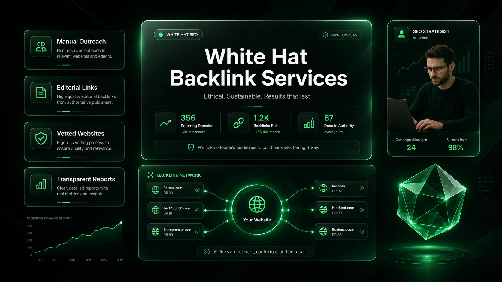 White hat backlink services dashboard for scalable SEO growth.