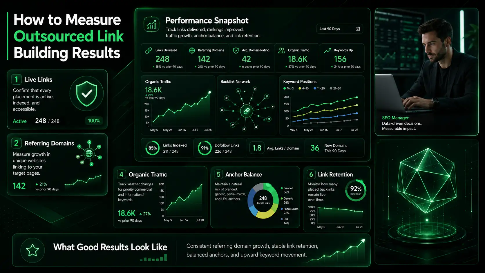 Outsourced link-building results dashboard.