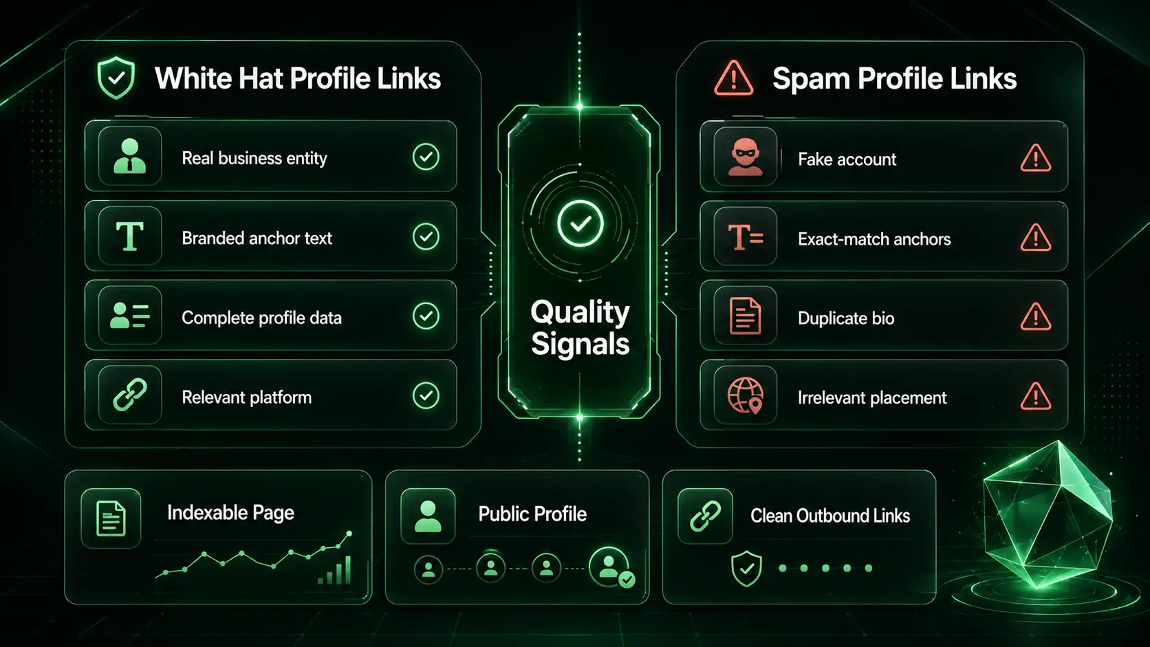 White hat profile backlinks explained with quality and spam signals.