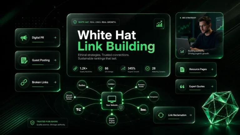 White hat link-building tactics dashboard for ethical SEO growth.