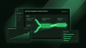 Dark SaaS dashboard showing a B2B link-building pipeline and ranking growth.