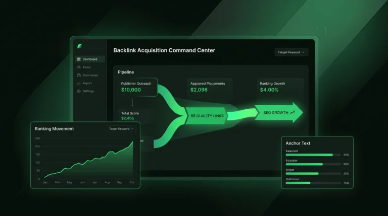 Dark SaaS dashboard showing a B2B link-building pipeline and ranking growth.