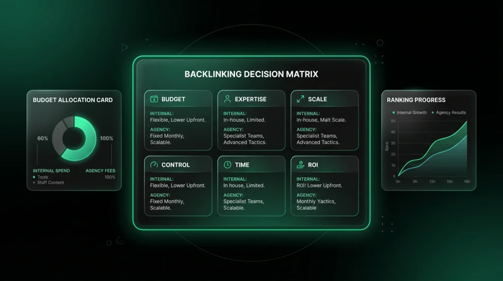 Decision matrix showing budget, expertise, scale, control, time, and SEO ROI factors.