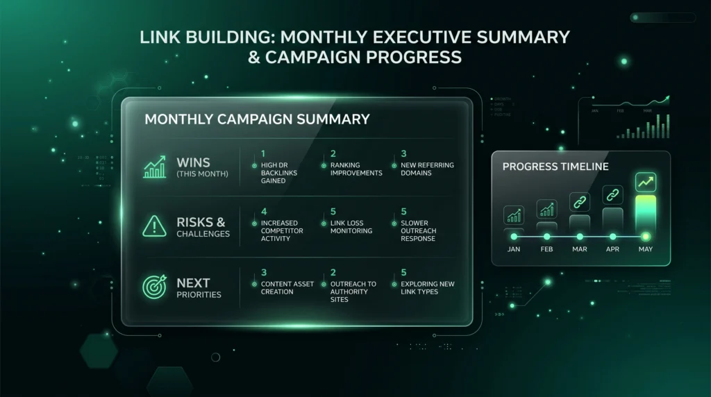 Executive campaign summary panel showing monthly wins, risks, and next priorities.

