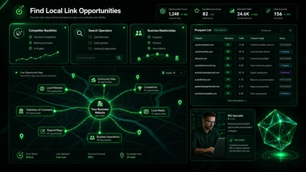Local link-building opportunities dashboard with competitors and outreach targets.