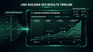 Dark SEO dashboard showing backlinks turning into ranking and traffic growth over time.
