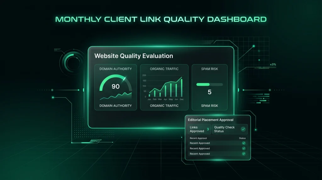 Website quality evaluation card showing authority, traffic, and risk signals.
