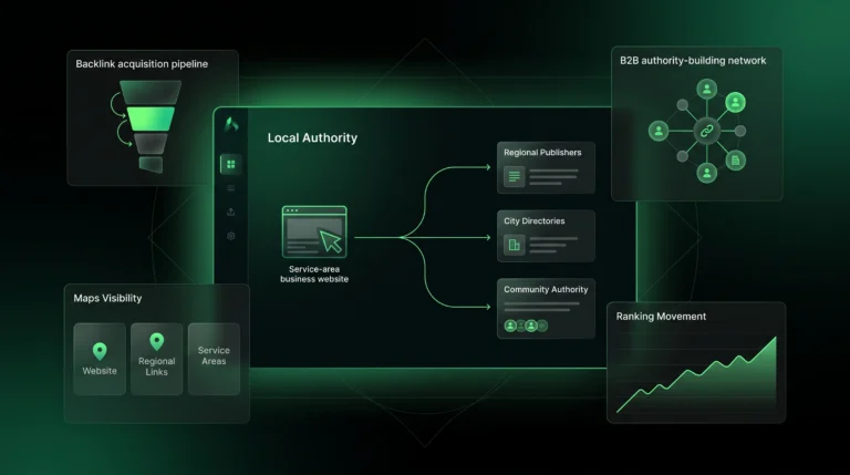 Dark SaaS dashboard showing local backlink acquisition for service-area businesses.