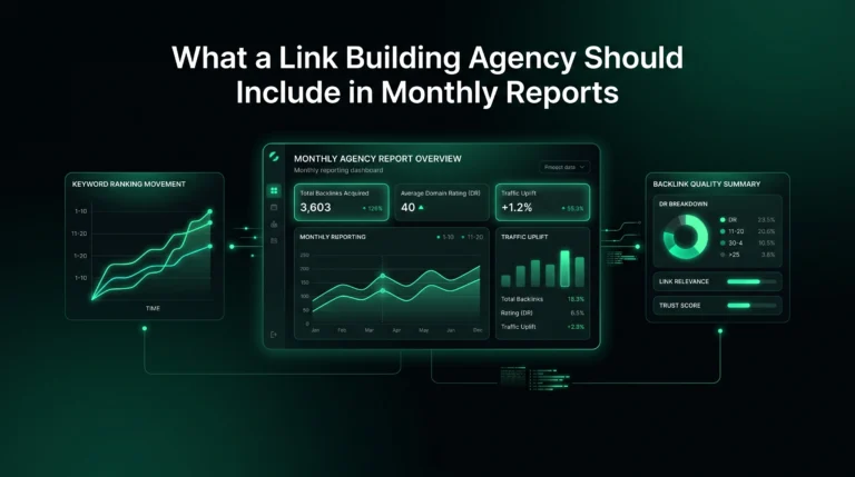 Monthly link building report dashboard showing backlinks, rankings, and quality metrics.