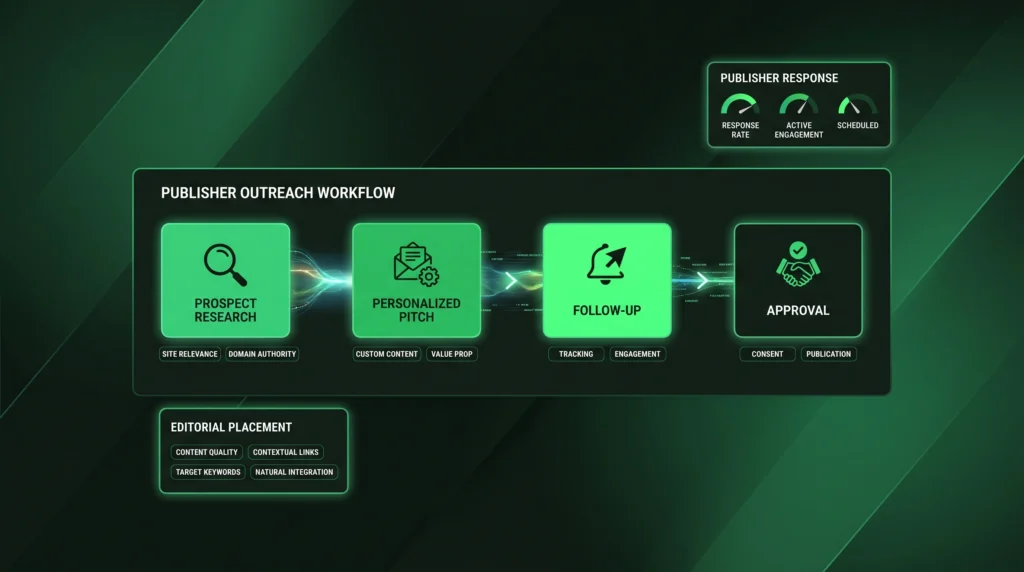 Outreach workflow showing research, pitching, follow-up, and placement approval.