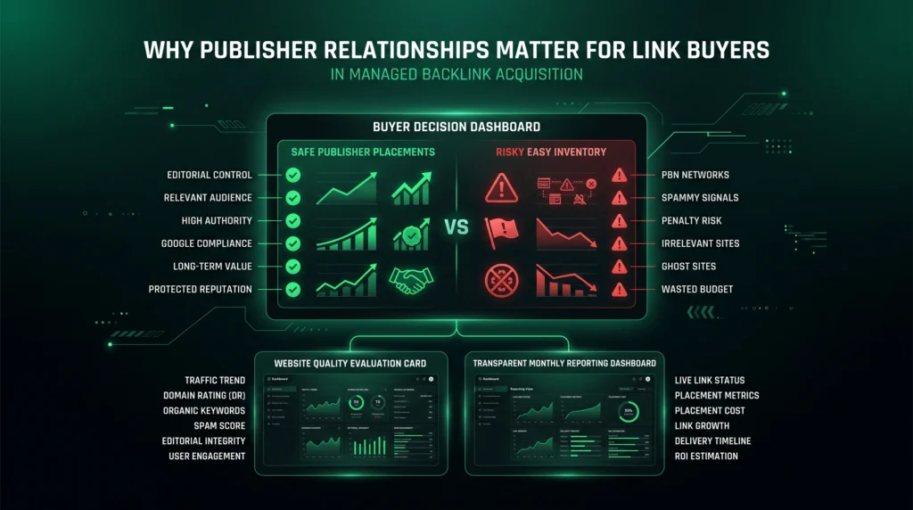 Buyer dashboard comparing trusted publisher placements with risky link inventory.