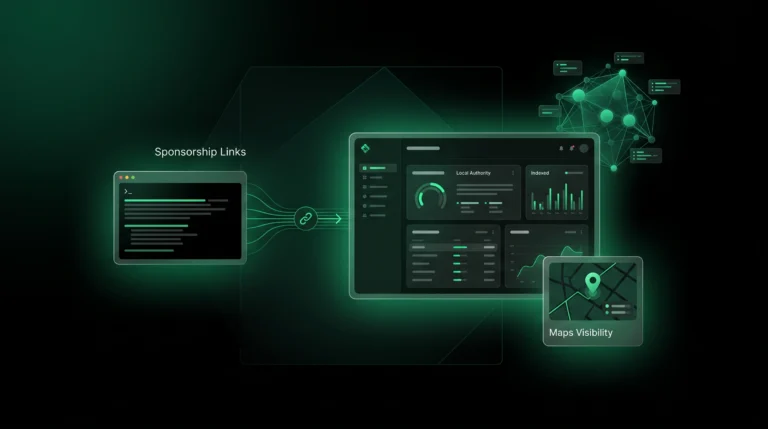Dark SaaS dashboard showing sponsorship links supporting local authority and map visibility.