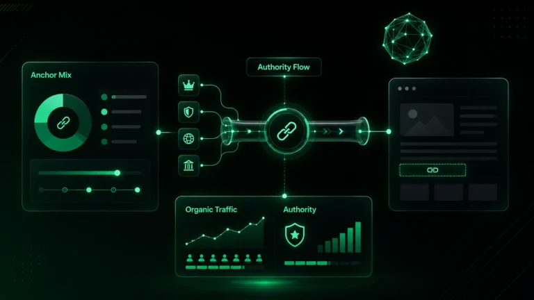 Dark dashboard showing a balanced anchor strategy connected to backlink authority growth.