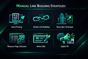 Manual link building strategies overview infographic showing six white-hat outreach methods