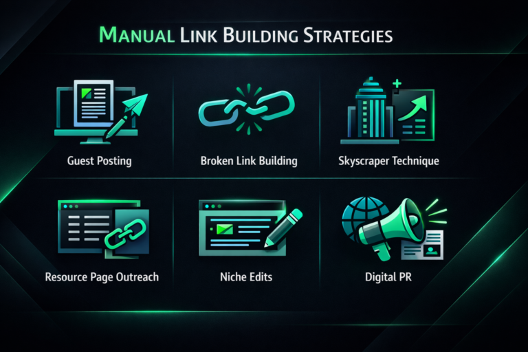 Manual link building strategies overview infographic showing six white-hat outreach methods