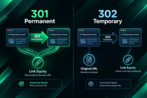 301 vs 302 redirect comparison showing link equity flow and indexing behaviour