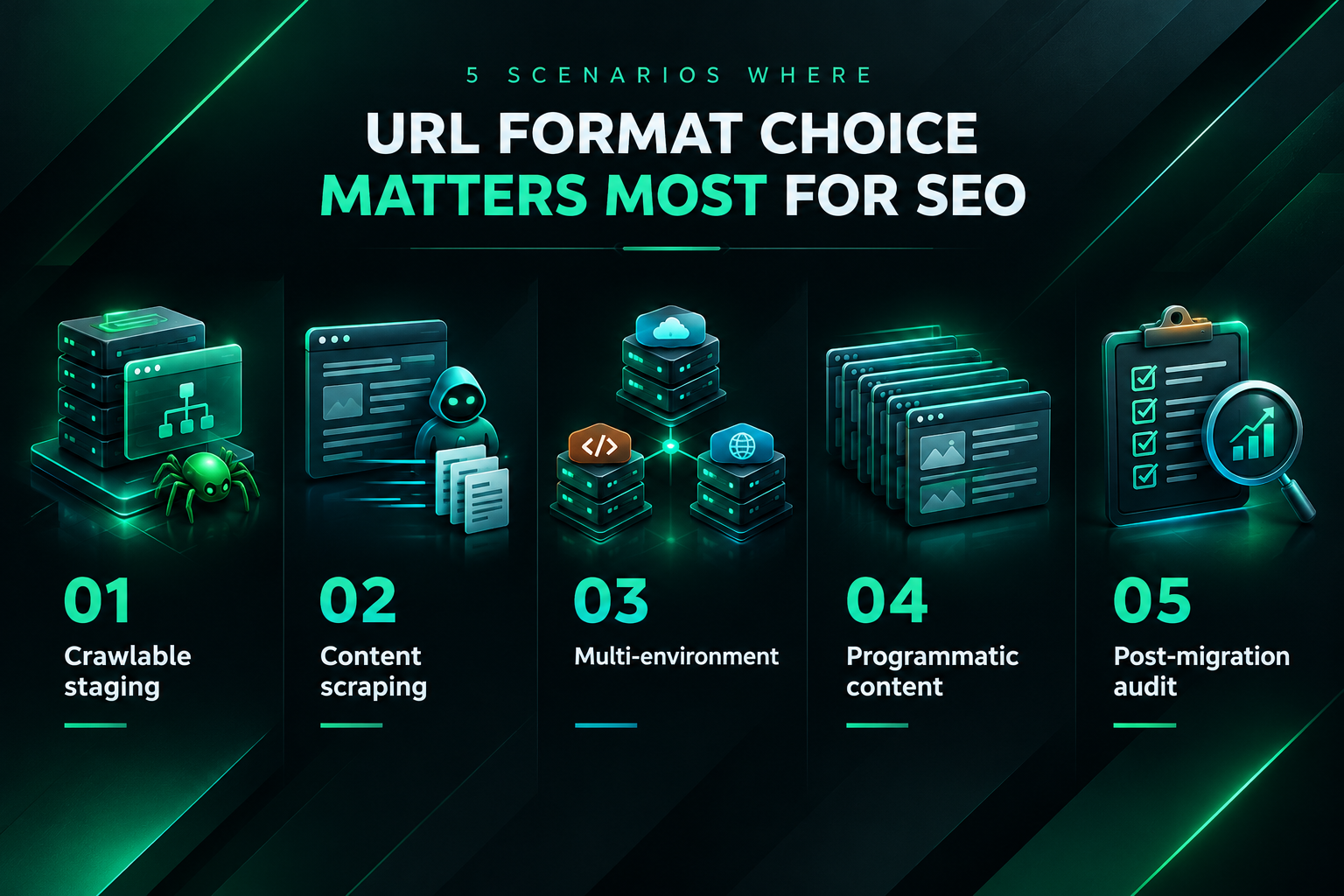 Infographic of five scenarios where absolute vs relative URL format matters most for SEO