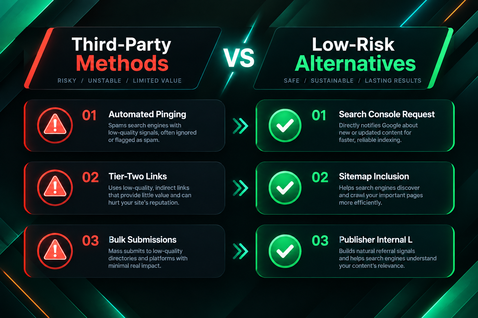 Comparison of risky backlink indexing methods versus low-risk alternatives like Search Console and