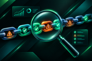 Illustration showing backlink indexing service safety assessment with link chain and warning icons