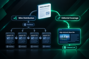 Press release backlinks: wire distribution vs editorial coverage paths illustrated