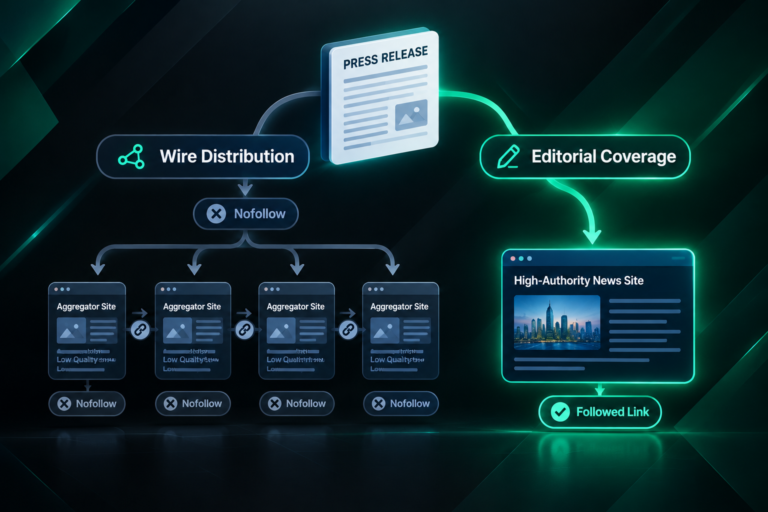 Press release backlinks: wire distribution vs editorial coverage paths illustrated