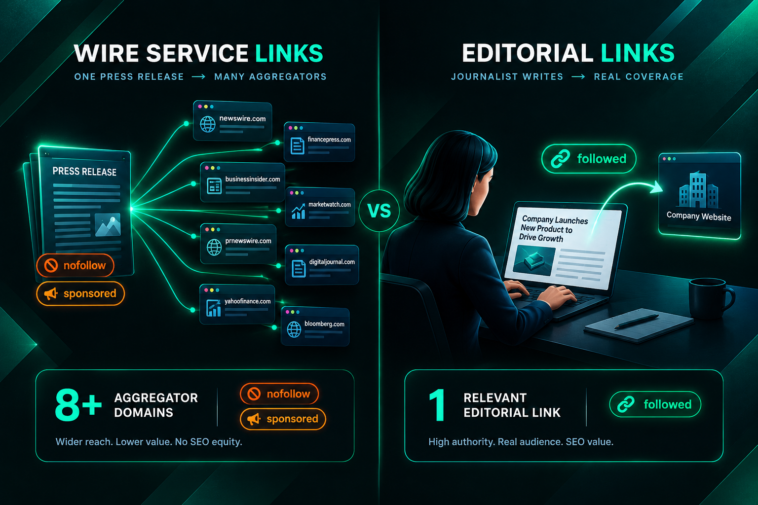 Nofollow wire press release links versus followed editorial backlinks comparison