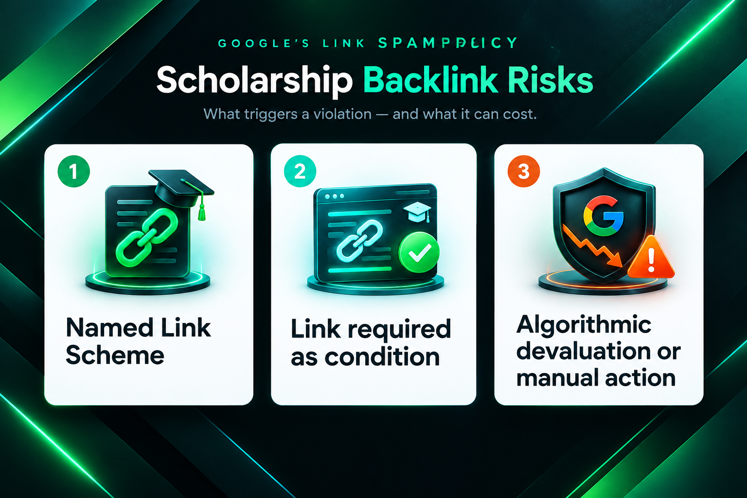 Google spam policy fact cards showing scholarship backlinks named as a link scheme