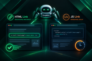 Googlebot crawling HTML links versus JavaScript-rendered links with rendering delay illustrated