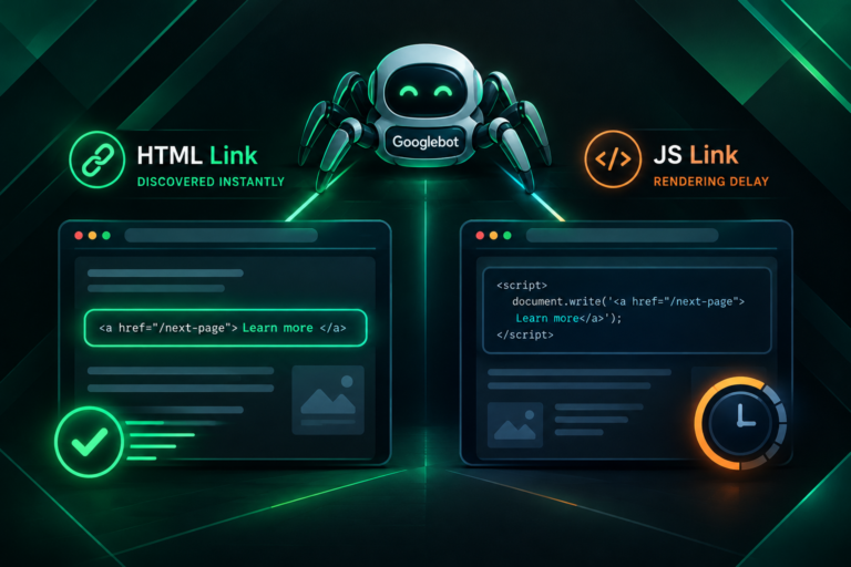 Googlebot crawling HTML links versus JavaScript-rendered links with rendering delay illustrated