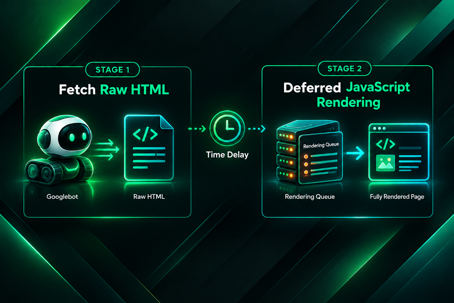 Diagram of Googlebot two-stage crawl process showing raw HTML fetch followed by deferred