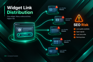 Illustration showing widget backlinks distributing followed links across multiple websites