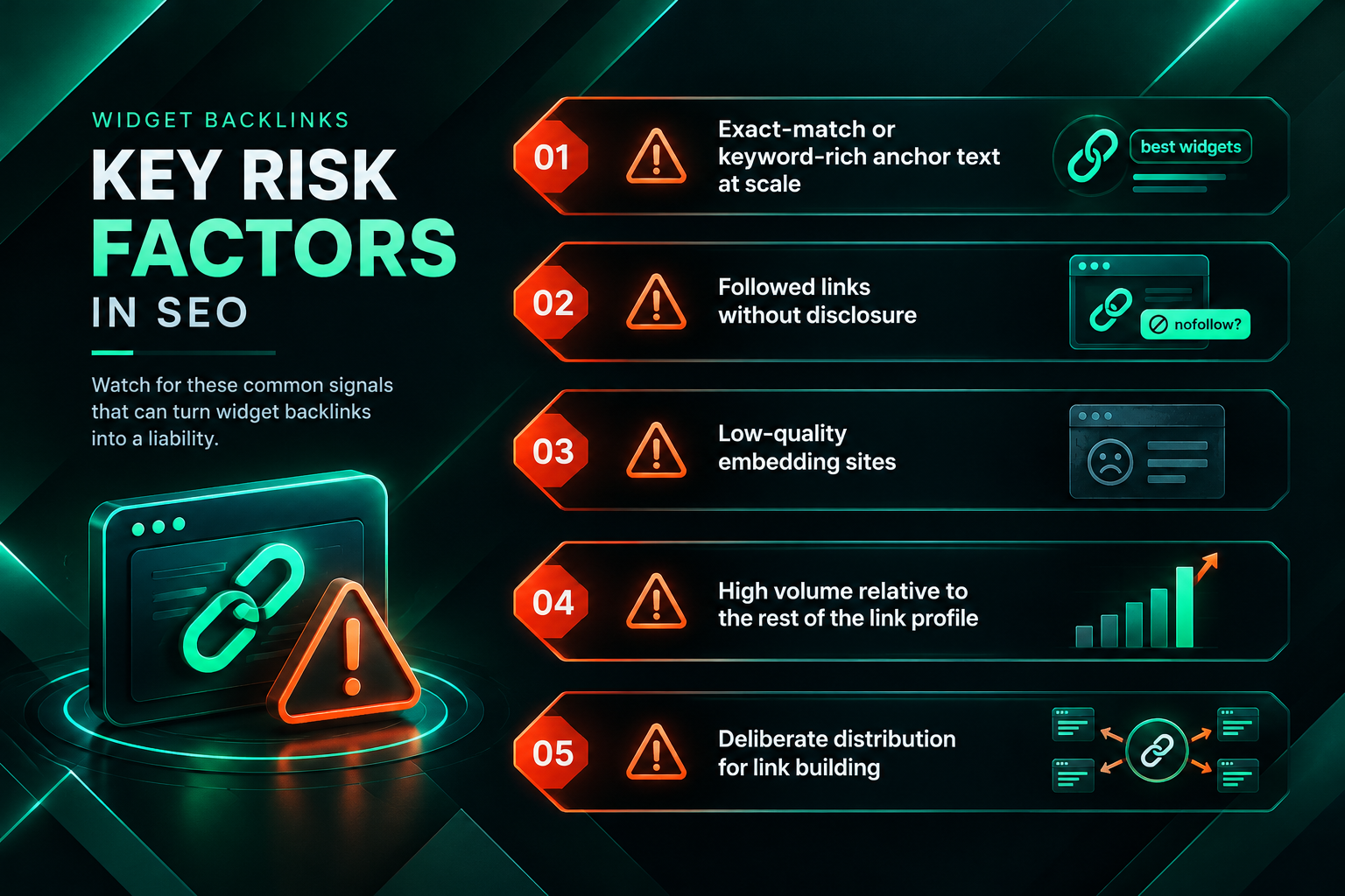 Infographic showing five risk factors that make widget backlinks more likely to cause SEO problems