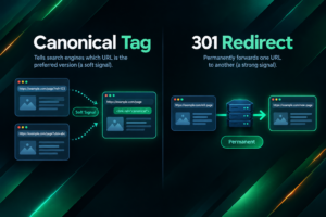 Canonical tag vs 301 redirect comparison illustration for backlink equity