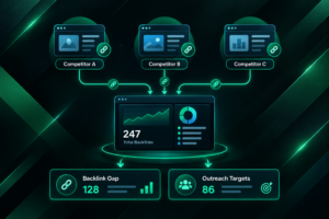 Competitor backlink analysis workflow showing referring domains and link gap opportunities