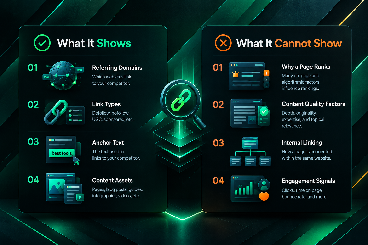 Comparison of what competitor backlink analysis reveals versus what it cannot determine