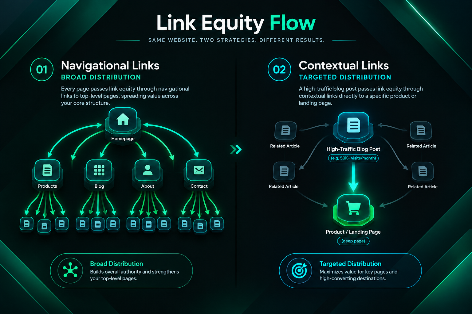 Diagram showing how contextual and navigational internal links distribute link equity across a