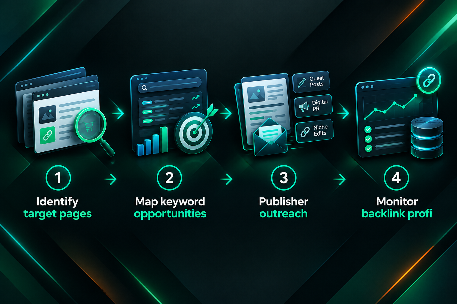 Process diagram showing four steps to build editorial backlinks alongside affiliate content for SEO