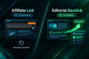 Illustration comparing affiliate links with sponsored attributes versus editorial dofollow