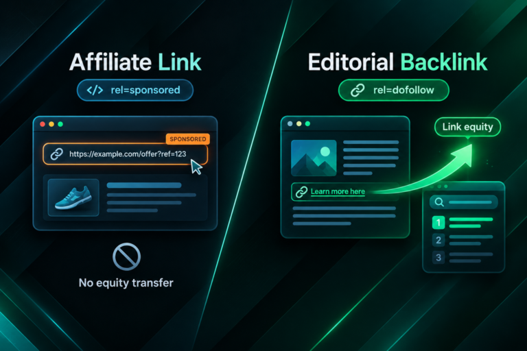 Illustration comparing affiliate links with sponsored attributes versus editorial dofollow