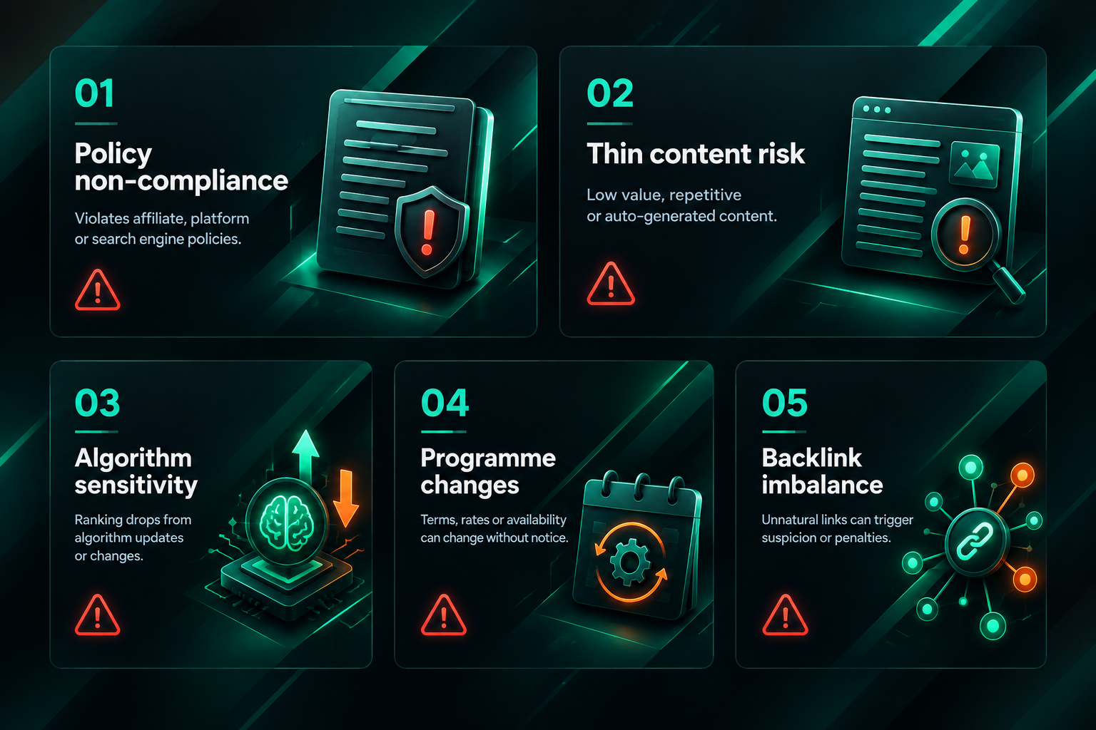 Five fact cards showing key SEO risks associated with affiliate links including thin content and