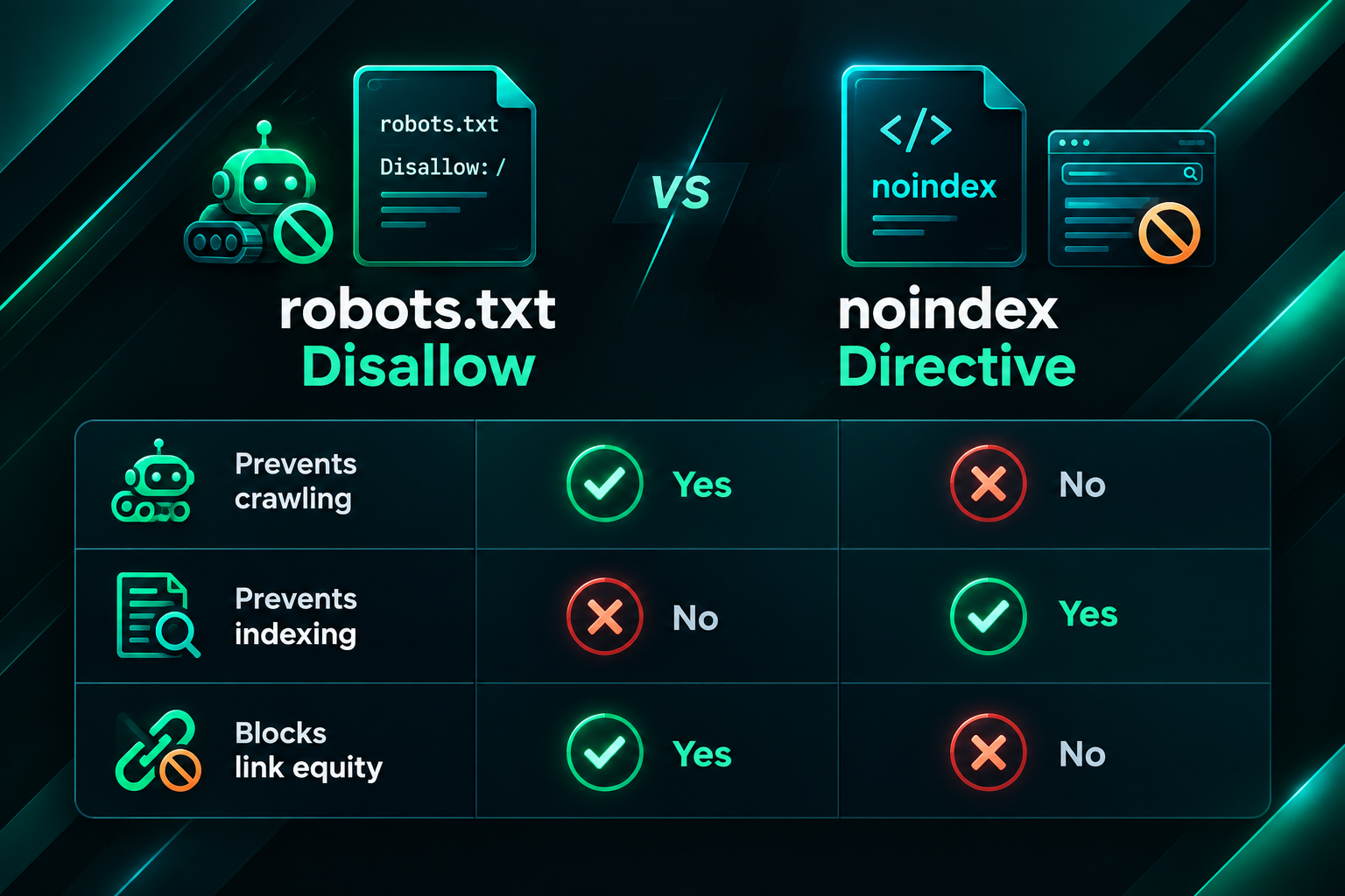 Side-by-side comparison of robots.txt disallow versus noindex directive effects on crawling and