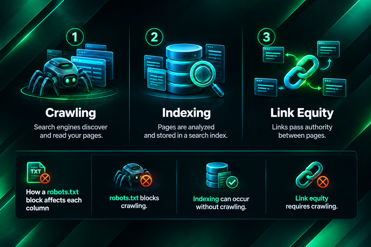 Comparison diagram showing how crawling, indexing, and link equity each work independently in SEO