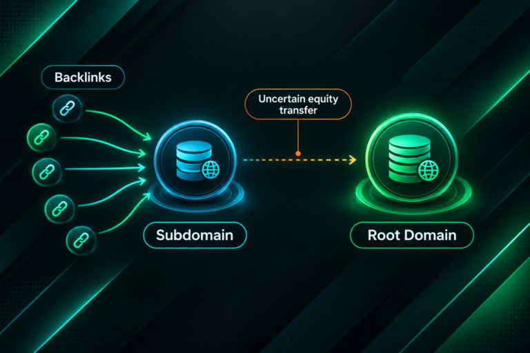 Diagram showing backlinks pointing to a subdomain and uncertain link equity flow to the root domain