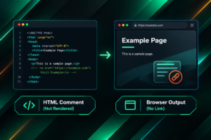 HTML comment containing a link versus rendered browser page showing no visible hyperlink