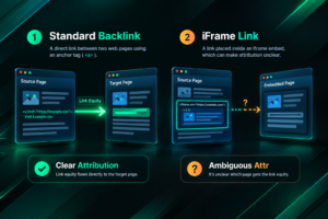 Illustration comparing a standard HTML backlink with an iframe embedded link and SEO attribution