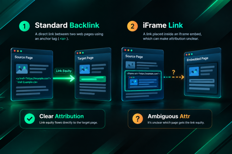 Illustration comparing a standard HTML backlink with an iframe embedded link and SEO attribution