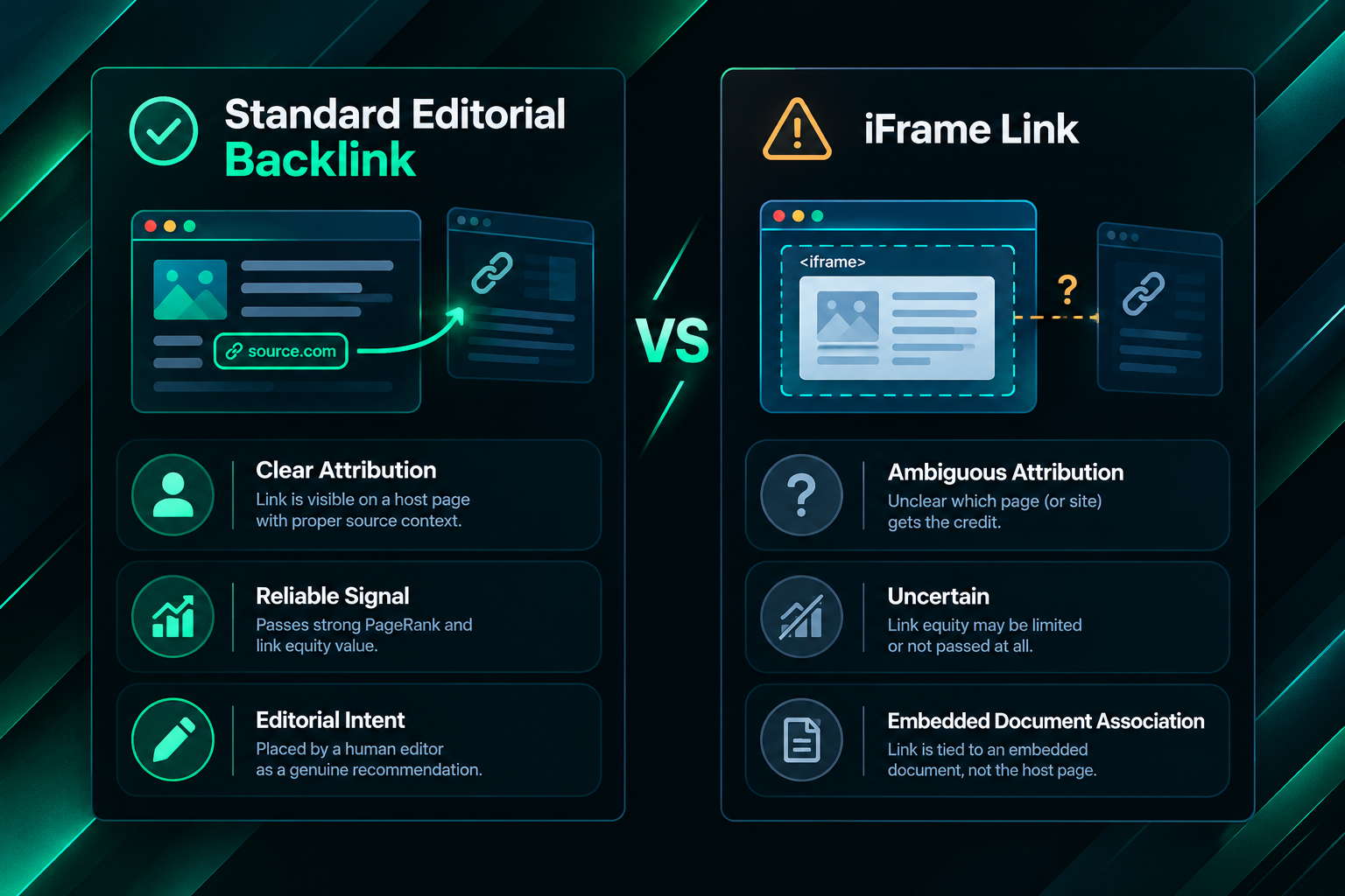 Comparison of standard editorial backlinks versus iframe links showing SEO attribution differences