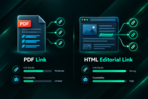 Illustration comparing PDF document links and HTML editorial backlinks for SEO