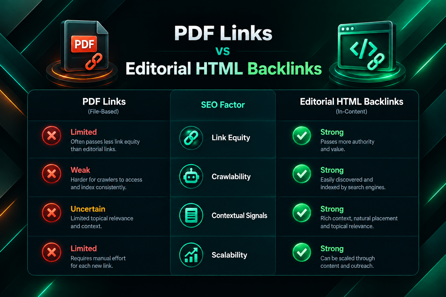 Comparison table showing PDF links vs editorial HTML backlinks across SEO factors like link equity